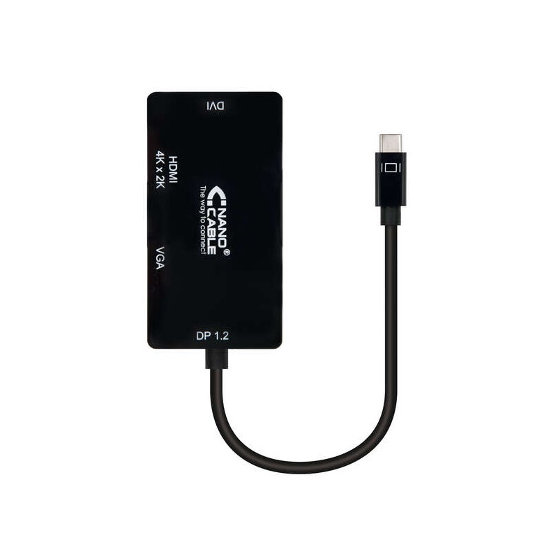 Convertitore Nanocable  da USB-C a SVGA / DVI / HDMI - 3 in 1. USB-C/M-VGA/H-DVI/H-HDMI/H 4K - 10 cm - Colore nero