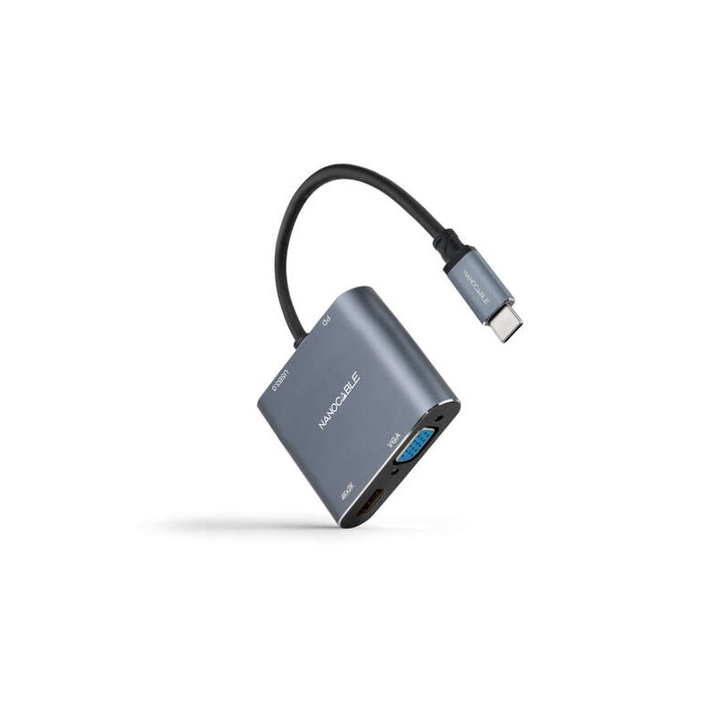 Convertitore Nanocable  da USB-C a HDMI. VGA. USB 3.0 e USB-C PD - Lunghezza cavo 15 cm - Colore grigio