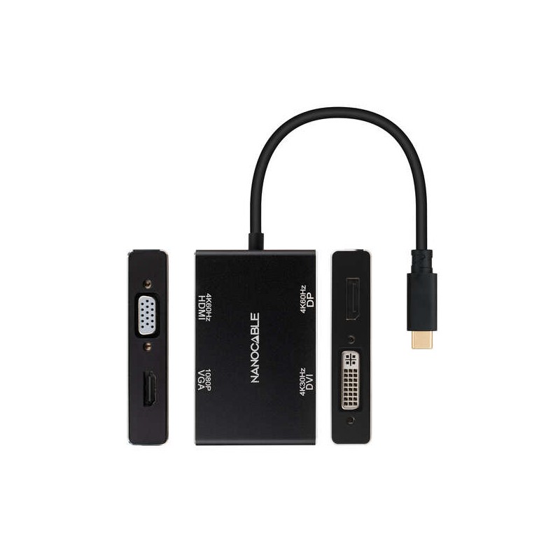 Convertitore Nanocable  da USB-C/M a HDMI/H + DVI/H + DP/H + VGA/H - 10 cm - Colore nero