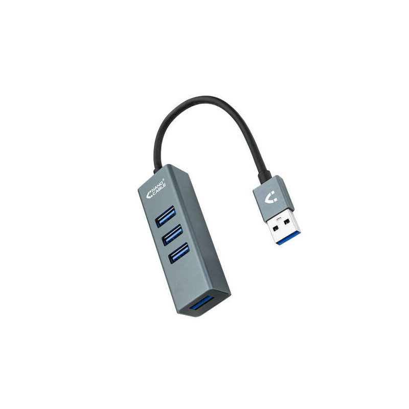 Hub USB 3.0 Nanocable  4xUSB3.0. USB-A/M-USB 3.0/H - Alluminio - 10 cm - Colore Grigio