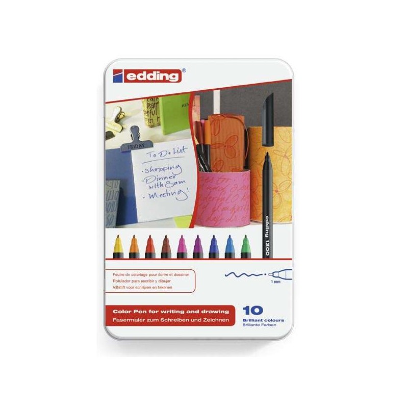 Edding 1200 Scatola in metallo con 10 pennarelli - Punta tonda - Linea da 1 mm - Inchiostro a base acqua