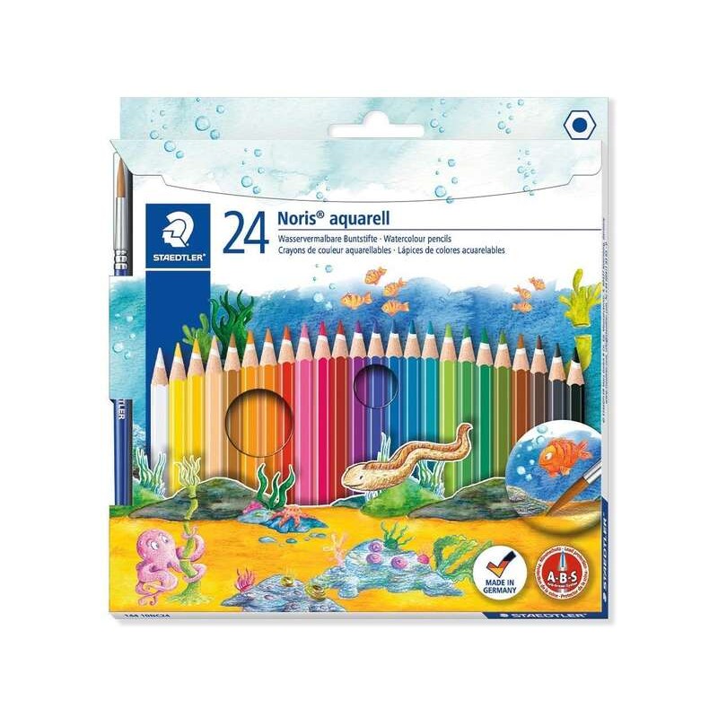 Staedtler Noris Aquarell Confezione da 24 Matite Colorate Esagonali + Pennello - Legno Proveniente da Foreste Sostenibili - Colo