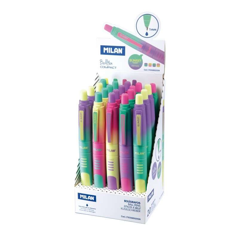 Espositore compatto Milan Sunset da 20 penne a sfera retrattili - Punta tonda da 1 mm - Corpo multicolore pastello - Colore blu