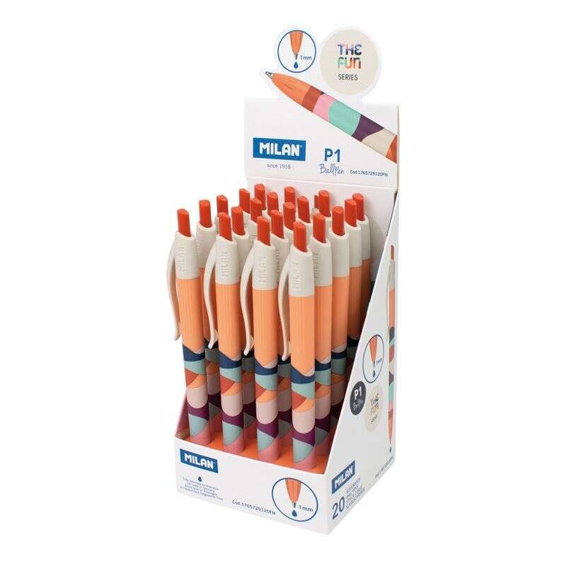 Milan P1 Il divertente espositore da 20 penne a sfera retrattili - Punta tonda da 1 mm - Inchiostro blu