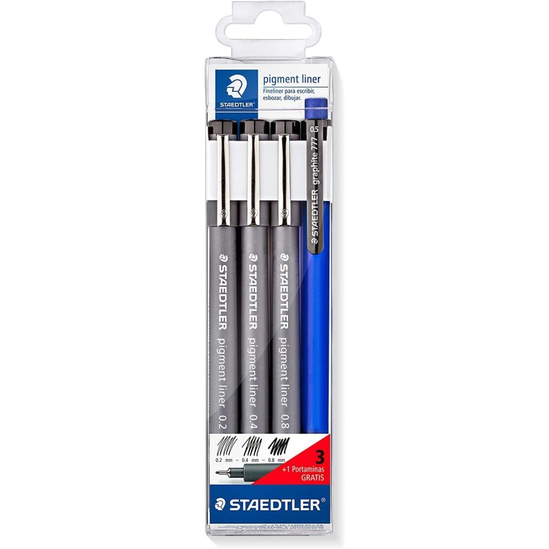 Staedtler Pigment Liner 308 Confezione da 3 Pennarelli Calibrati 0.2. 0.4 e 0.8mm + 1 Portamine 0.5mm - Asciugatura Rapida - Col