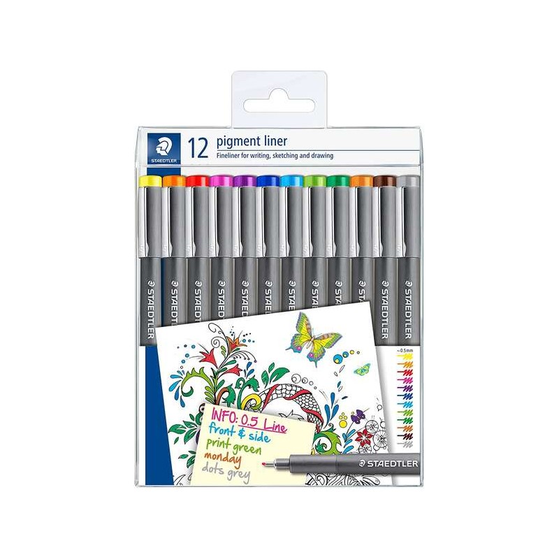 Staedtler Pigment Liner 308 Confezione da 12 pennarelli calibrati - Tratto 0.5 mm - Asciugatura rapida - Colori assortiti
