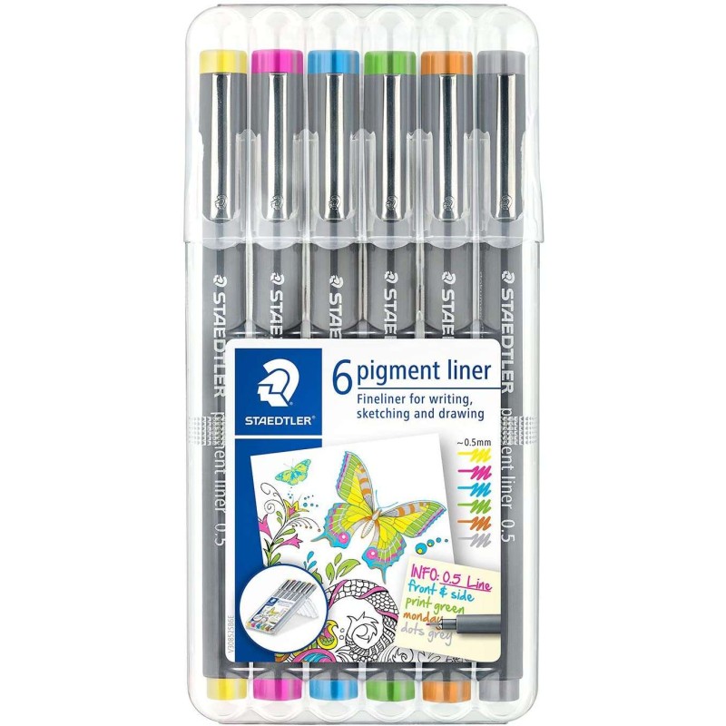 Staedtler Pigment Liner 308 Confezione da 6 pennarelli calibrati - Tratto 0.5 mm - Asciugatura rapida - Colori assortiti
