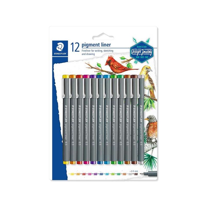 Staedtler Pigment Liner 308 Confezione da 12 pennarelli calibrati - Tratto 0.5 mm - Asciugatura rapida - Colori assortiti
