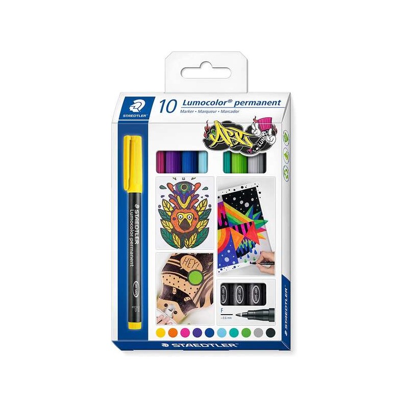 Staedtler Lumocolor 318 C10 Confezione da 10 pennarelli indelebili - Linea circa 0.6 mm - Asciugatura rapida - Colori assortiti