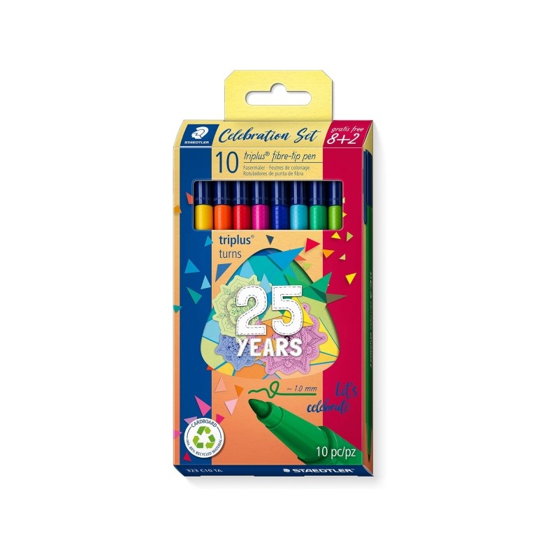 Staedtler Triplus Color 323 Confezione da 10 pennarelli a punta fine - Tratto 1 mm circa - Inchiostro a base acqua - Colori asso