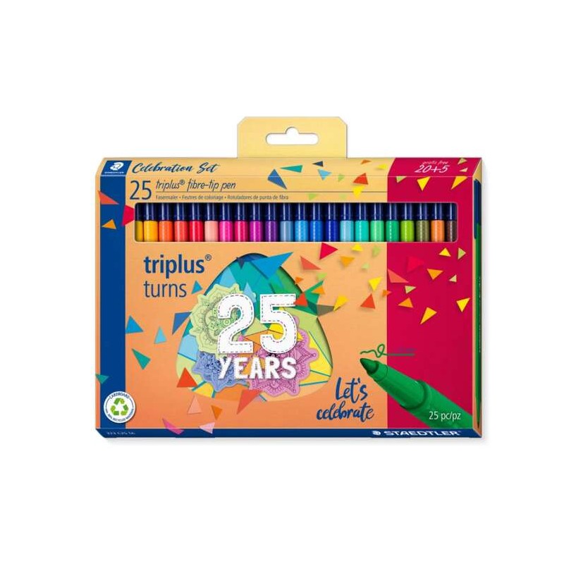 Staedtler Triplus Color 323 Confezione da 25 pennarelli a punta fine - Tratto 1 mm circa - Inchiostro a base acqua - Colori asso