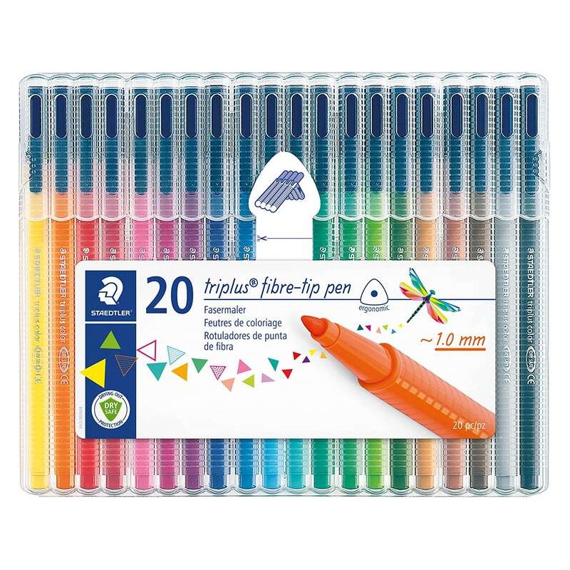 Staedtler Triplus Color 323 Confezione da 20 pennarelli a punta fine - Tratto 1 mm circa - Inchiostro a base acqua - Colori asso