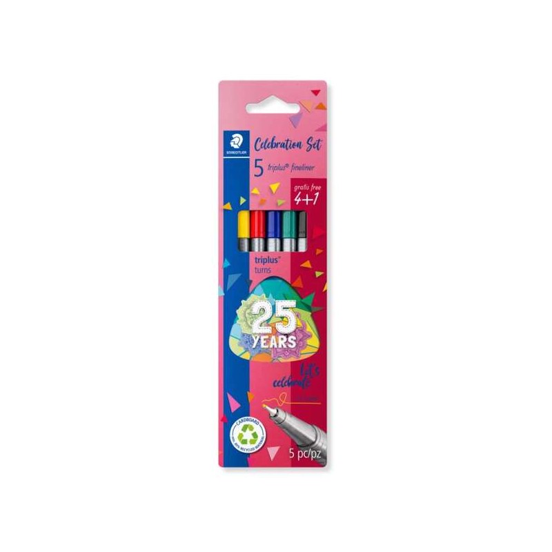 Staedtler Triplus Fineliner 334 Confezione da 5 pennarelli a punta fine - Tratto 0.3 mm circa - Inchiostro a base acqua - Colori