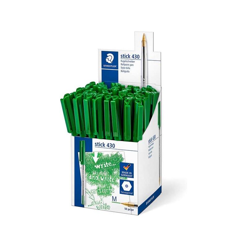 Penna a sfera Staedtler Stick 430 con cappuccio - Punta da 0.35 mm - Inchiostro permanente - Colore verde