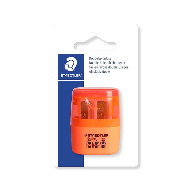 Temperamatite Doppio Uso Staedtler con Deposito - 2 Fori - Da 8.2 mm a 10.2 mm - Colore Arancione Neon
