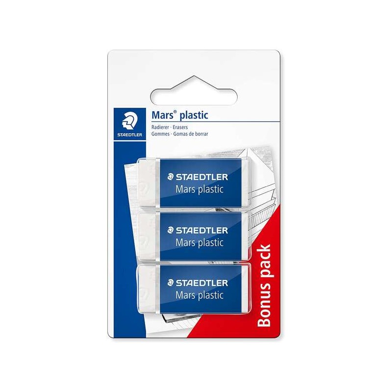 Staedtler Mars Plastic Confezione da 3 gomme da cancellare - Plastica - Alta precisione - Colore bianco