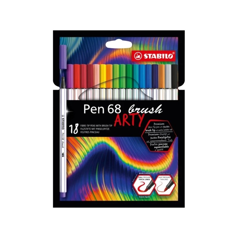 Stabilo Pen 68 Brush Arty Confezione da 18 pennarelli - Punta a pennello - Inchiostro a base acqua - Colori assortiti