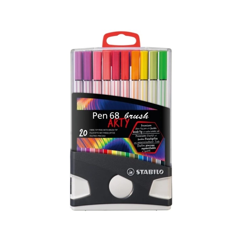 Stabilo Pen 68 Brush Arty Scatola in plastica rigida con 30 pennarelli - Punta a pennello - Inchiostro a base acqua - Colori ass