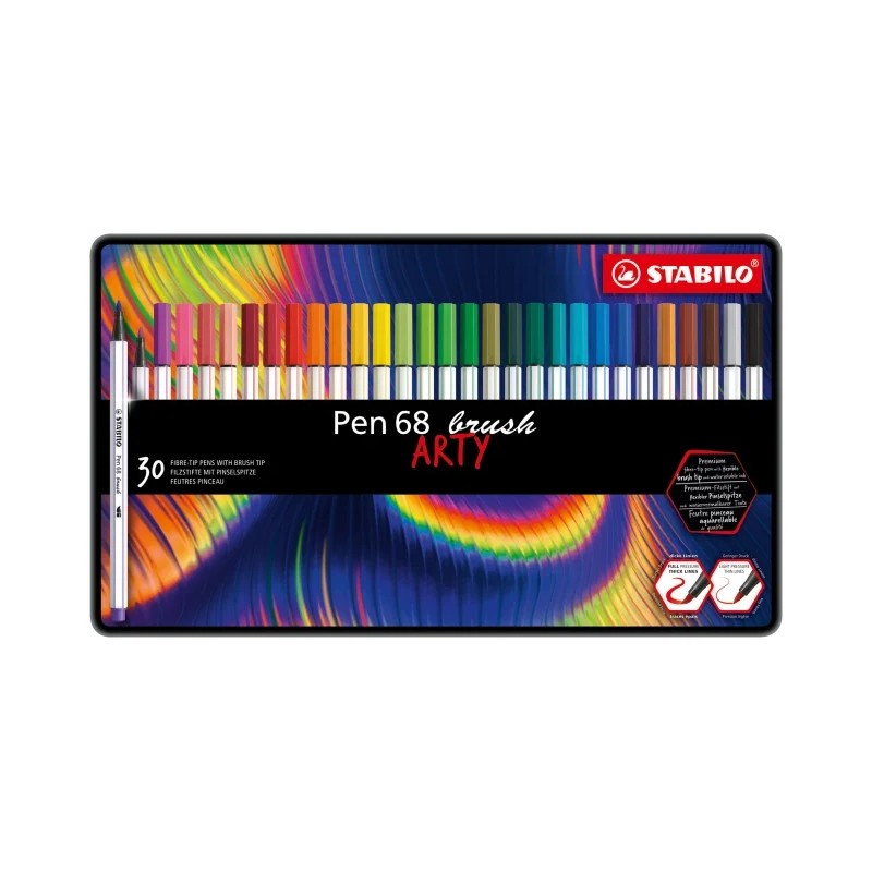 Stabilo Pen 68 Brush Arty Scatola in metallo da 30 pennarelli - Punta a pennello - Inchiostro a base acqua - Colori assortiti