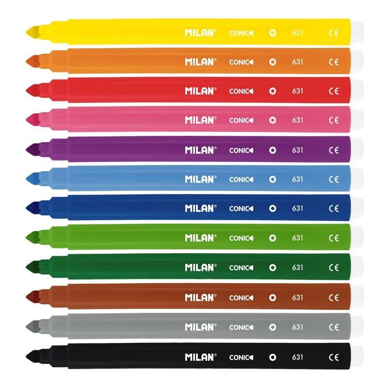 Confezione da 12 pennarelli Milan - Punta conica da 5 mm - Inchiostro ad acqua - Lavabili - Colori assortiti