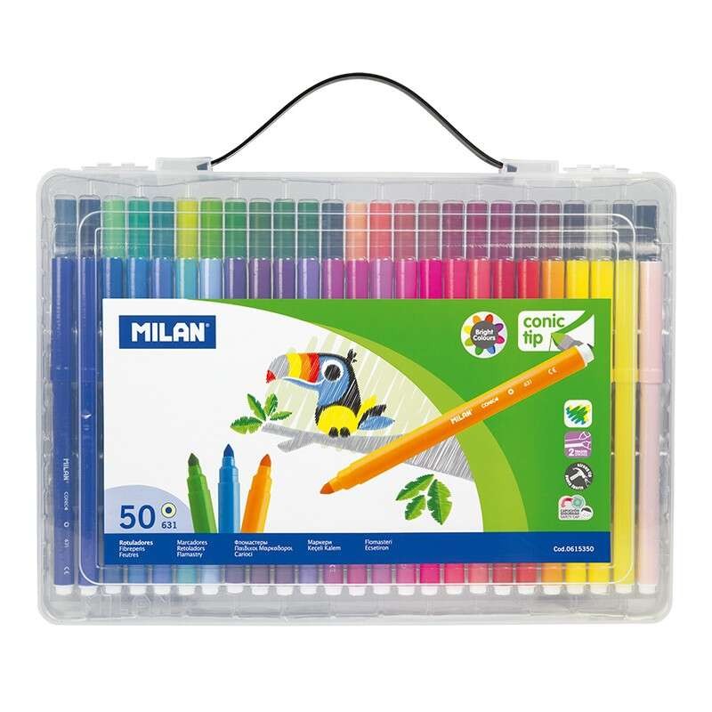 Valigetta Milano da 50 Pennarelli Punta Conica - Punta 5 mm - Inchiostro a Base Acqua - Miscelabili tra loro - Colori Assortiti