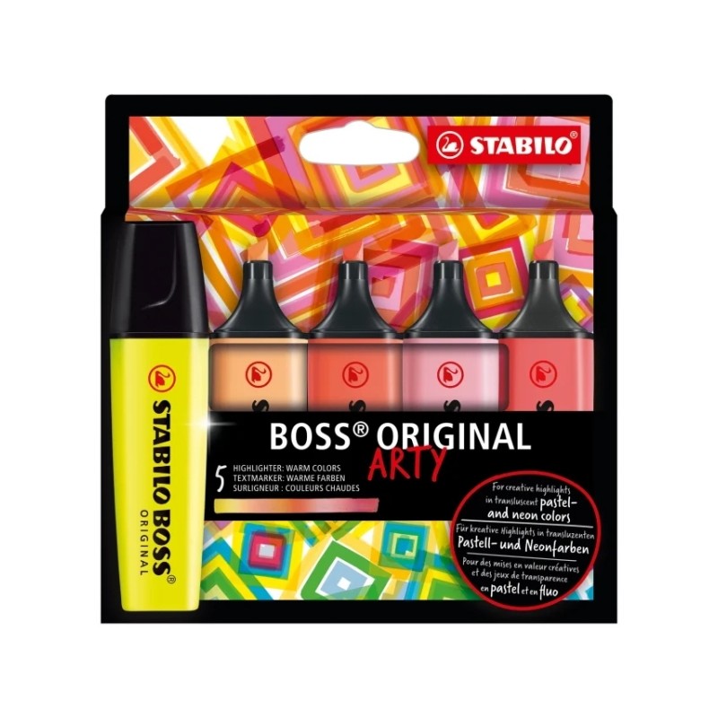 Stabilo Boss Original Arty Confezione da 5 Pennarelli Fluorescenti in Colori Caldi - Linea tra 2 e 5 mm - Inchiostro a base acqu