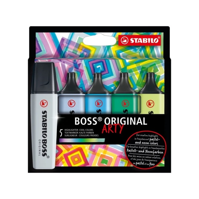 Stabilo Boss Original Arty Confezione da 5 Pennarelli Fluorescenti Colori Freddi - Linea tra 2 e 5 mm - Inchiostro a base acqua
