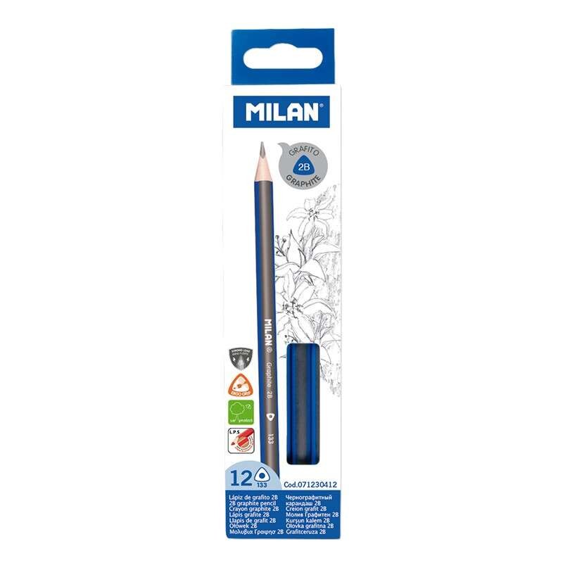 Confezione da 12 matite di grafite triangolari Milan - Mina 2B da 2.4 mm - Resistenti alla rottura - Consigliate per il disegno
