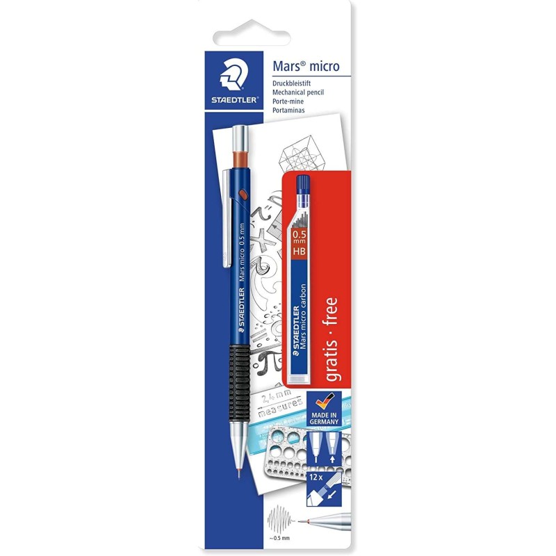 Staedtler Mars Micro Confezione da 1 Portamine 0.5 mm + 1 Tubo da 12 Mine - Mine HB - Zona di Impugnatura in Gomma
