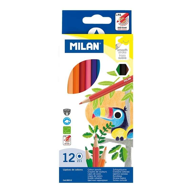 Milan Confezione da 12 Matite Colorate Esagonali - Mina da 2.9 mm - Linea Uniforme - Resistenti alla Rottura - Colori Assortiti