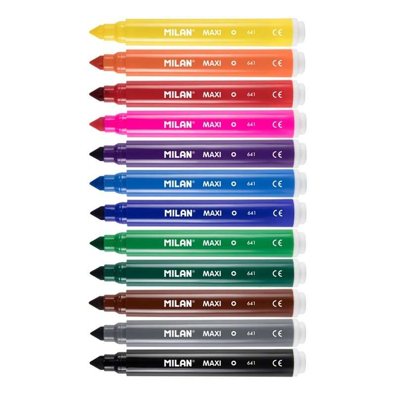 Confezione da 12 Maxi Pennarelli Milan - Punta Conica da 7.5 mm - Inchiostro ad Acqua - Lavabili - Colori Assortiti