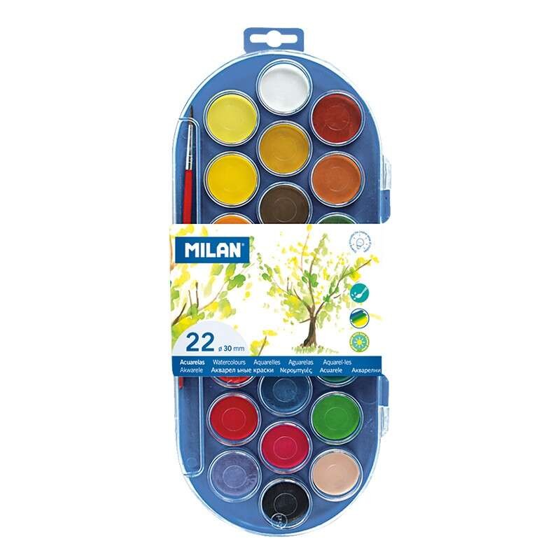 Milan 80022 Astuccio da 22 Acquerelli Ø30 mm + Pennello Serie 101 - Miscelabili - Colori Assortiti