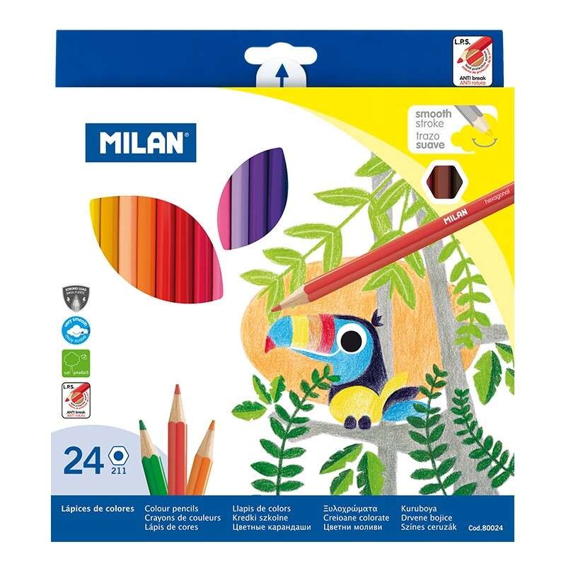Milan Confezione da 24 Matite Colorate Esagonali - Mina da 2.9 mm - Linea Uniforme - Resistenti alla Rottura - Colori Assortiti