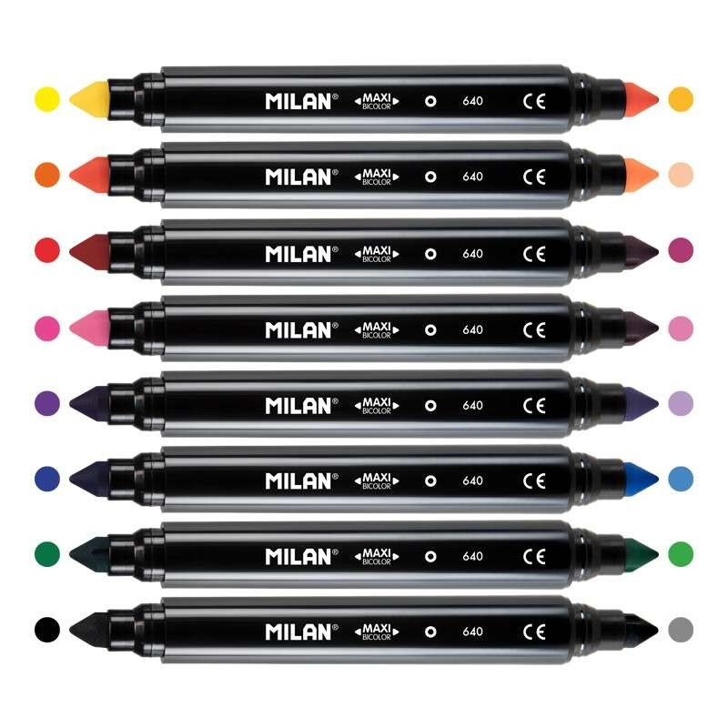 Milan Confezione da 8 Pennarelli Maxi Bicolore Doppia Punta - Punta Conica da 7.5 mm - Inchiostro ad Acqua - Lavabili - Colori A