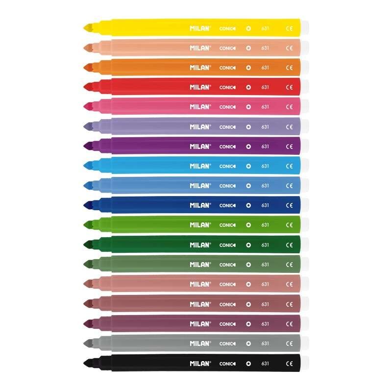 Confezione da 18 pennarelli Milan - Punta conica da 5 mm - Inchiostro ad acqua - Lavabili - Colori assortiti