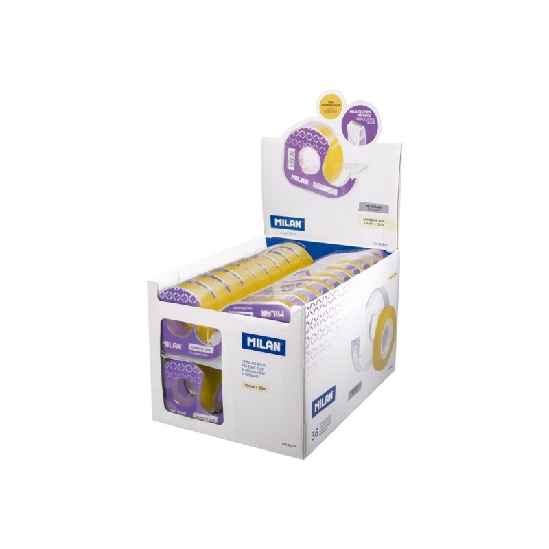 Nastro Adesivo Trasparente Milano con Dispenser - Misure 19mm x 33mt - Colore Giallo Trasparente