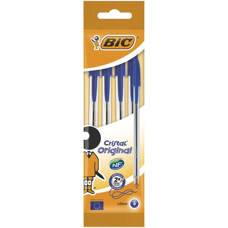Confezione Originale Bic Cristal da 4 Penne a Sfera - Punta Tonda da 1.0 mm - Tratto 0.4 mm - Inchiostro a Base di Olio - Colore