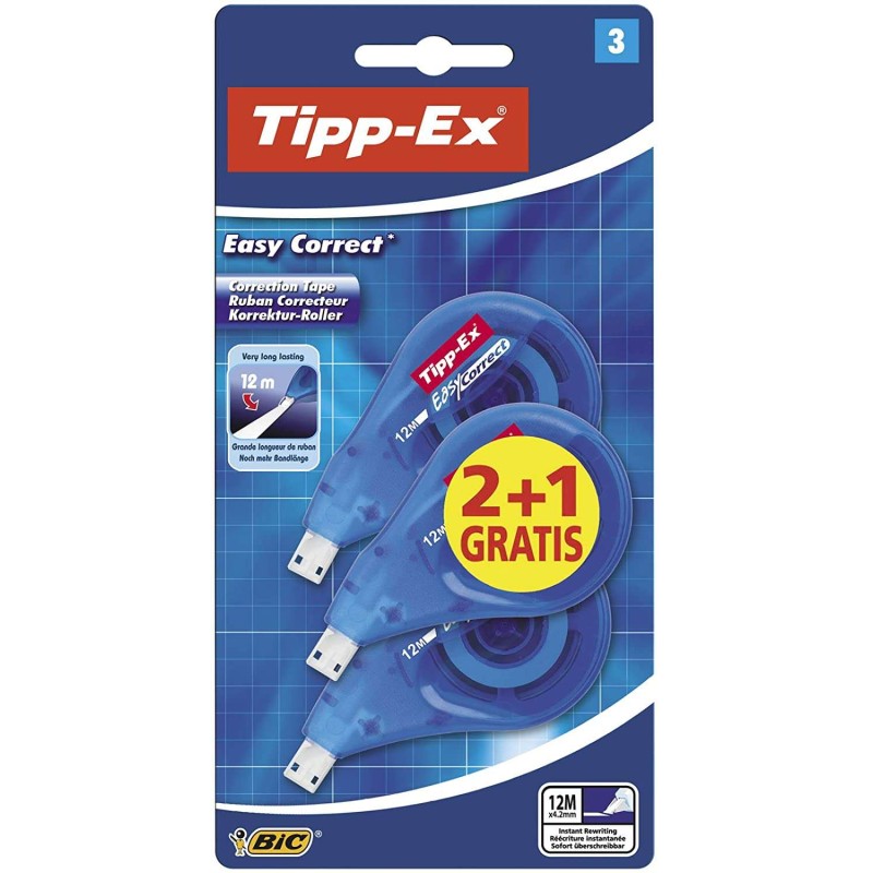 Tipp-Ex Easy Correct 2+1 Confezione da 3 nastri correttori 4.2 mm x 12 m - Resistente - Scrittura istantanea (Blister)