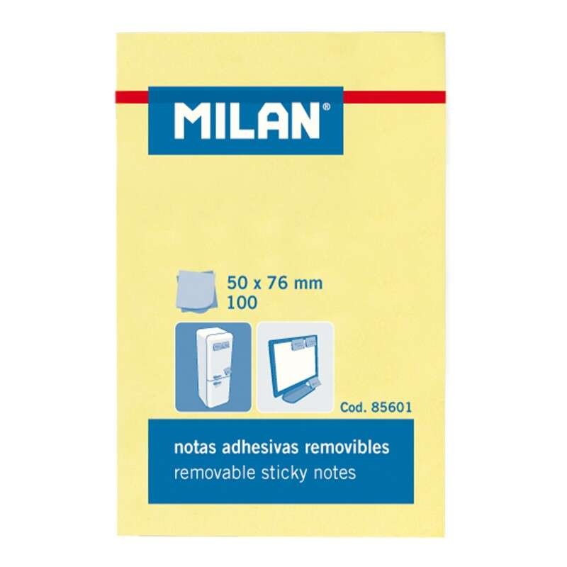 Blocco Milan da 100 foglietti adesivi - Rimovibili - 50 mm x 76 mm - Colore giallo chiaro