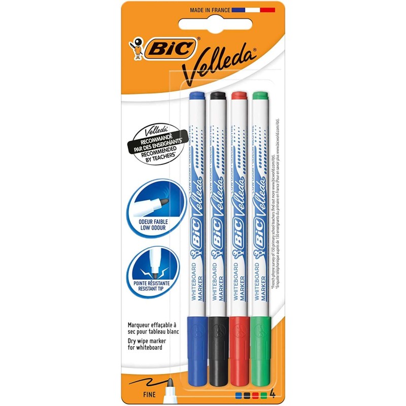 Bic Velleda 1721 Confezione da 4 Pennarelli per Lavagna - Punta Fine - Linea 1.6 mm - Cancellazione Ottimale - Colori Assortiti