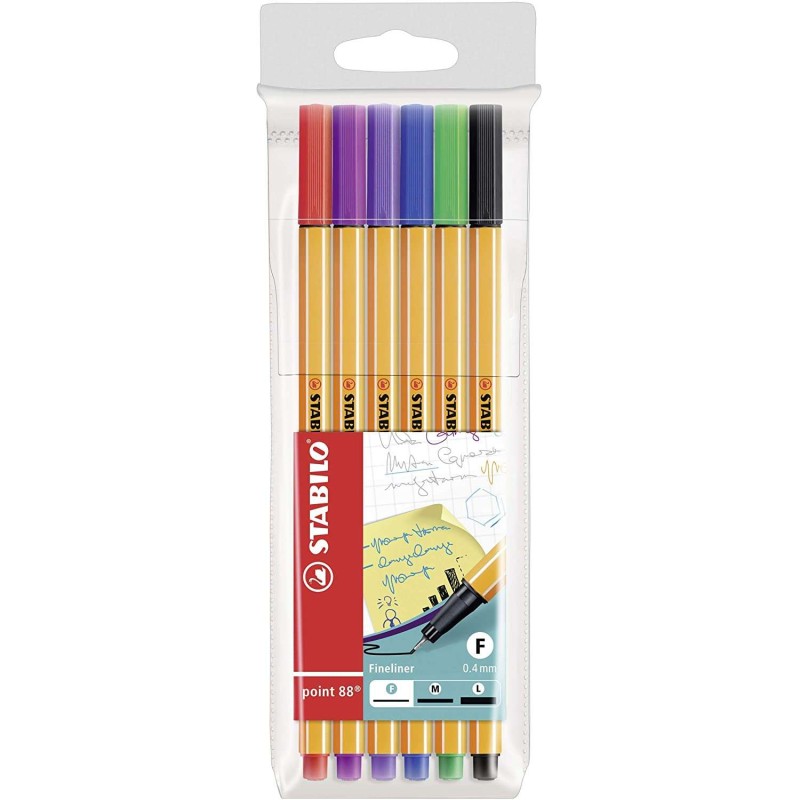 Stabilo Point 88 Confezione da 6 Pennarelli Punta Fibra Fine - Linea 0.4 mm - Inchiostro a Base Acqua - Colori Assortiti