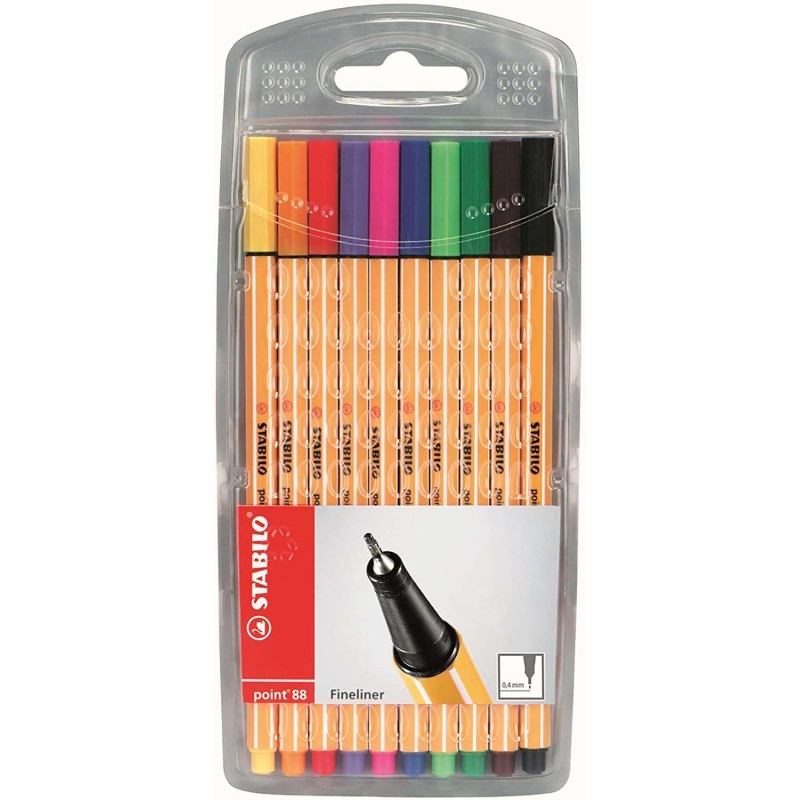 Stabilo Point 88 Confezione da 10 pennarelli con punta a fibra fine - Linea da 0.4 mm - Inchiostro a base acqua - Colori assorti