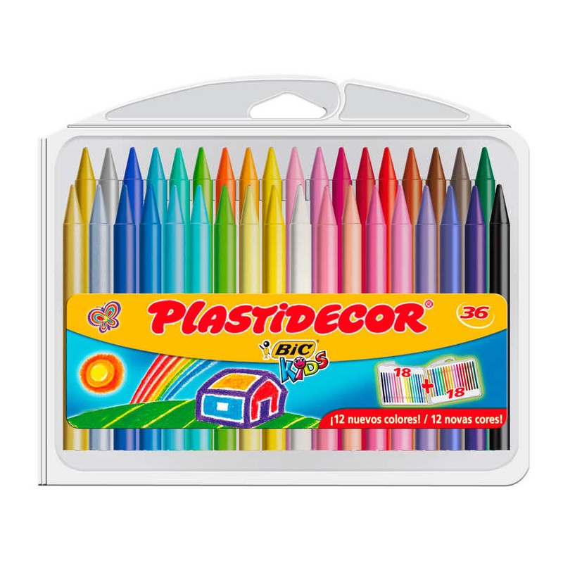 Bic Kids Plastidecor Scatola da 36 Matite Cera - Extra resistenti - Facili da temperare - Non macchia