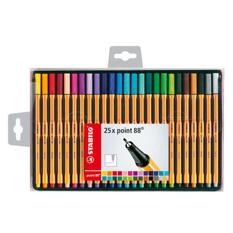 Stabilo Point 88 Confezione da 25 pennarelli con punta a fibra fine - Linea da 0.4 mm - Inchiostro a base acqua - Colori assorti