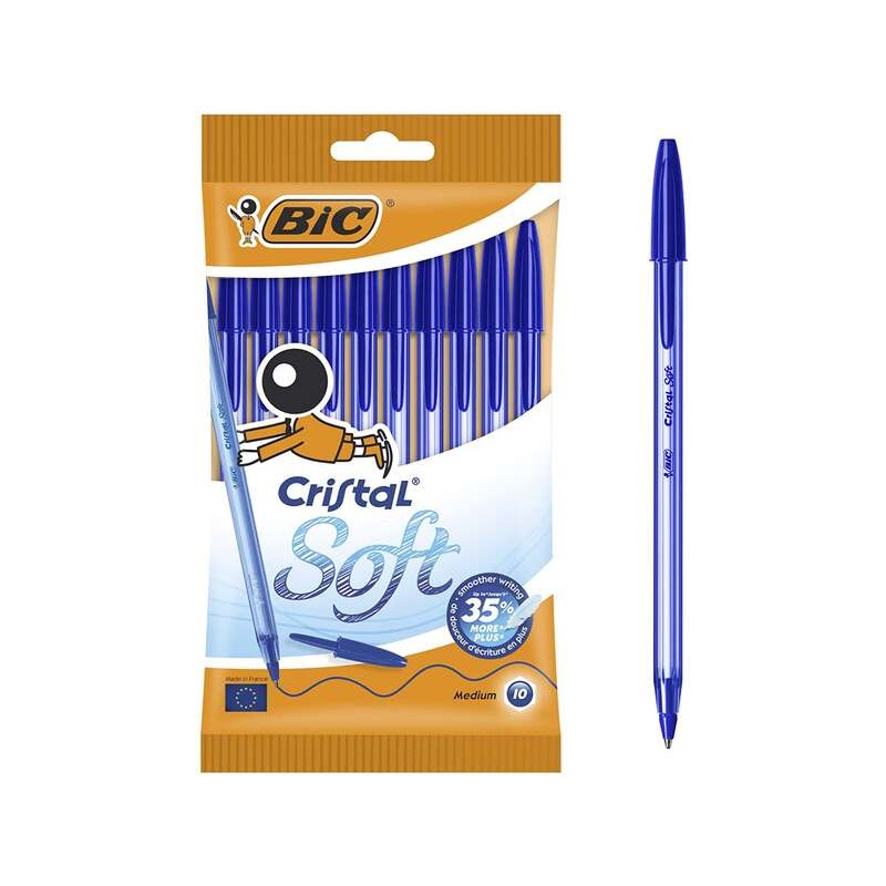 Confezione da 10 penne a sfera Bic Cristal Soft - Punta media da 1.2 mm - Tratto 0.45 mm - Scrittura fluida - Colore blu