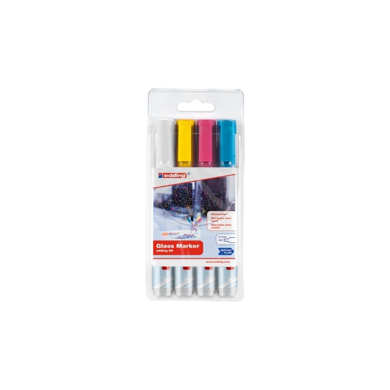 Edding 95 Confezione da 4 Pennarelli a Gesso Liquido - Punta Rotonda - Tratto da 1.5-3 mm - Colori Bianco. Giallo. Rosa e Blu