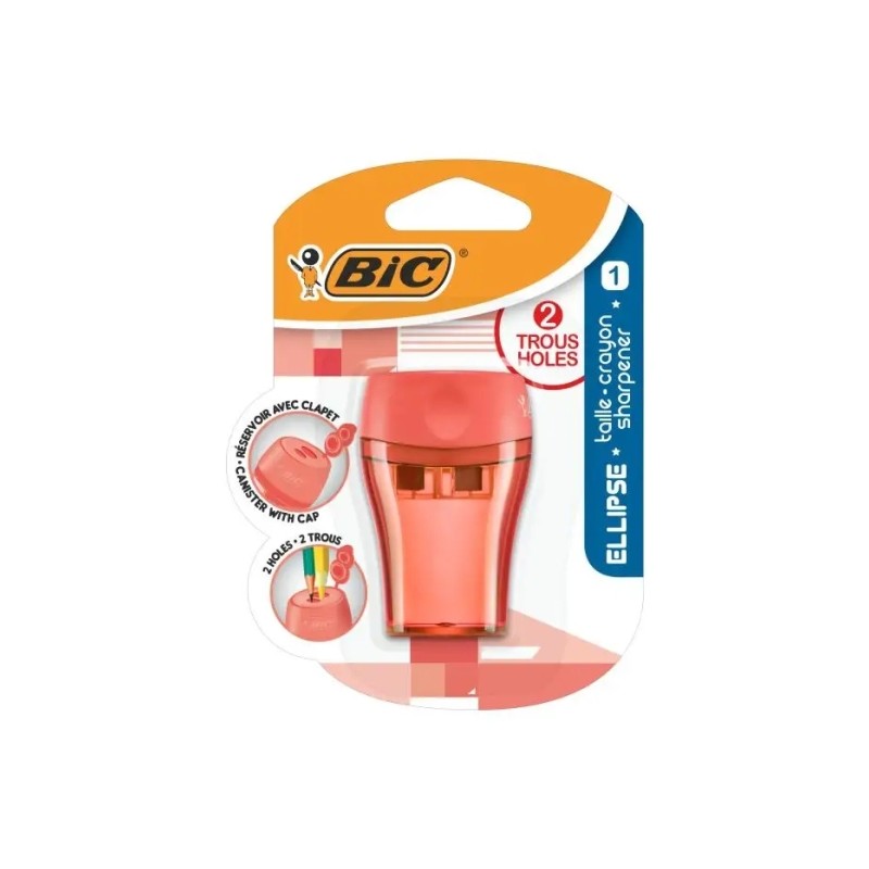 Temperamatite Bic Ellipse in plastica - 2 Fori - Ampio Deposito per Resti - Colore Casuale Verde. Blu o Corallo