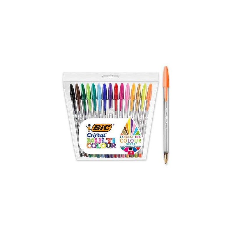 Bic Cristal Multicolor Confezione da 15 Penne a Sfera - Punta da 1.6 mm - Tratto da 0.42 mm - Inchiostro a Base di Olio - Colori