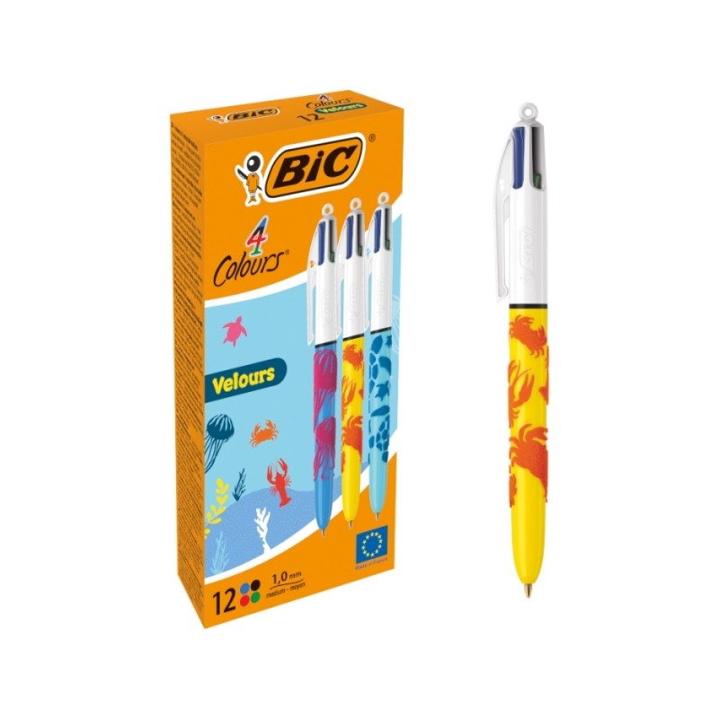 Penna a sfera retrattile Bic Velours 4 colori - Punta media 1.0 mm - Inchiostro a base di olio - Design Jungle