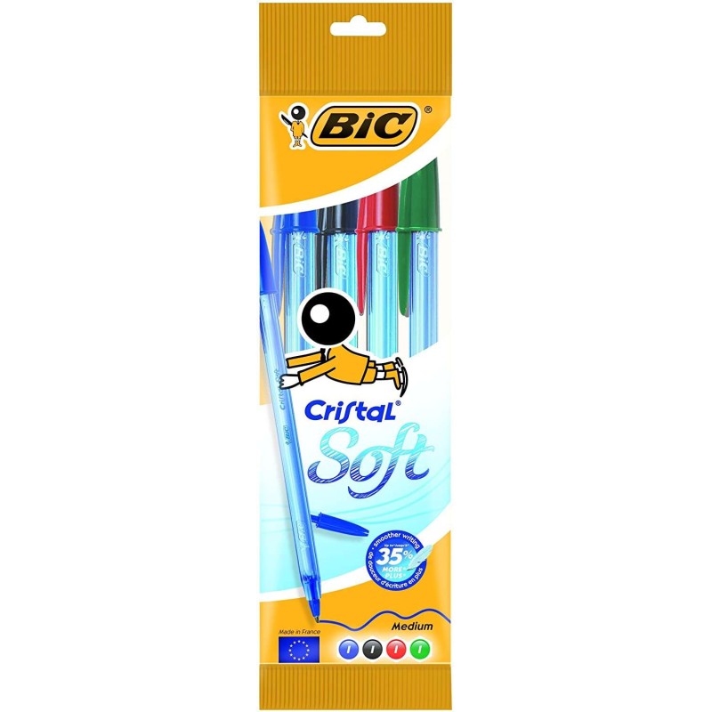 Bic Cristal Soft Confezione da 4 Penne a Sfera - Punta Media 1.2 mm - Tratto 0.45 mm - Scrittura Fluida - Colori Assortiti